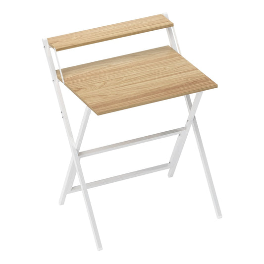 HOMCOM 70 cm Folding Computer Desk with Monitor Shelf in a natural wood finish with white metal legs