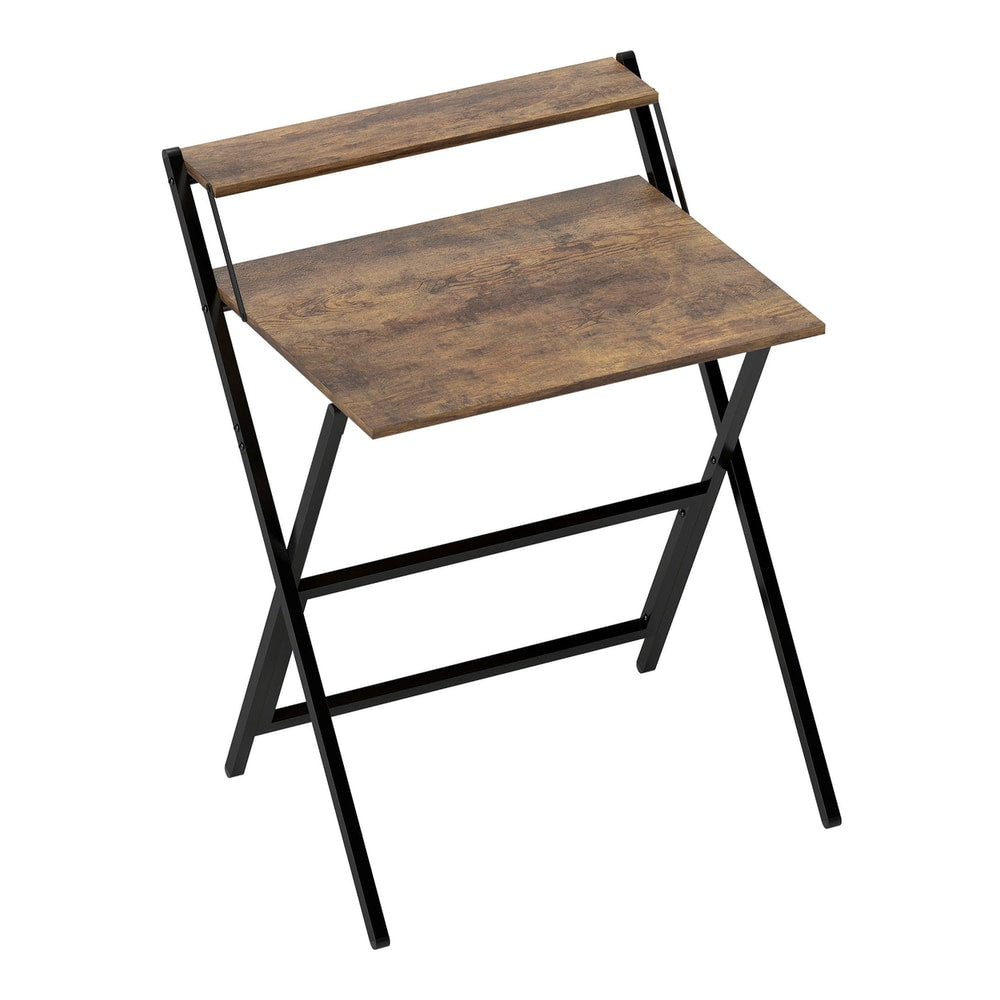 HOMCOM 70 cm Folding Computer Desk with Monitor Shelf, a rustic brown wooden top and black metal legs, shown from the front