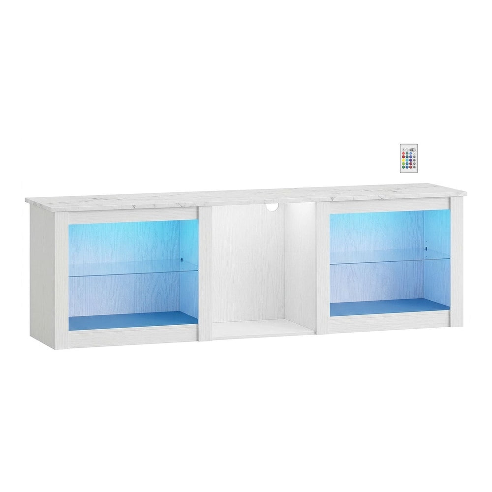 HOMCOM 70" TV Stand in white with blue LED lights and a remote control on a plain background