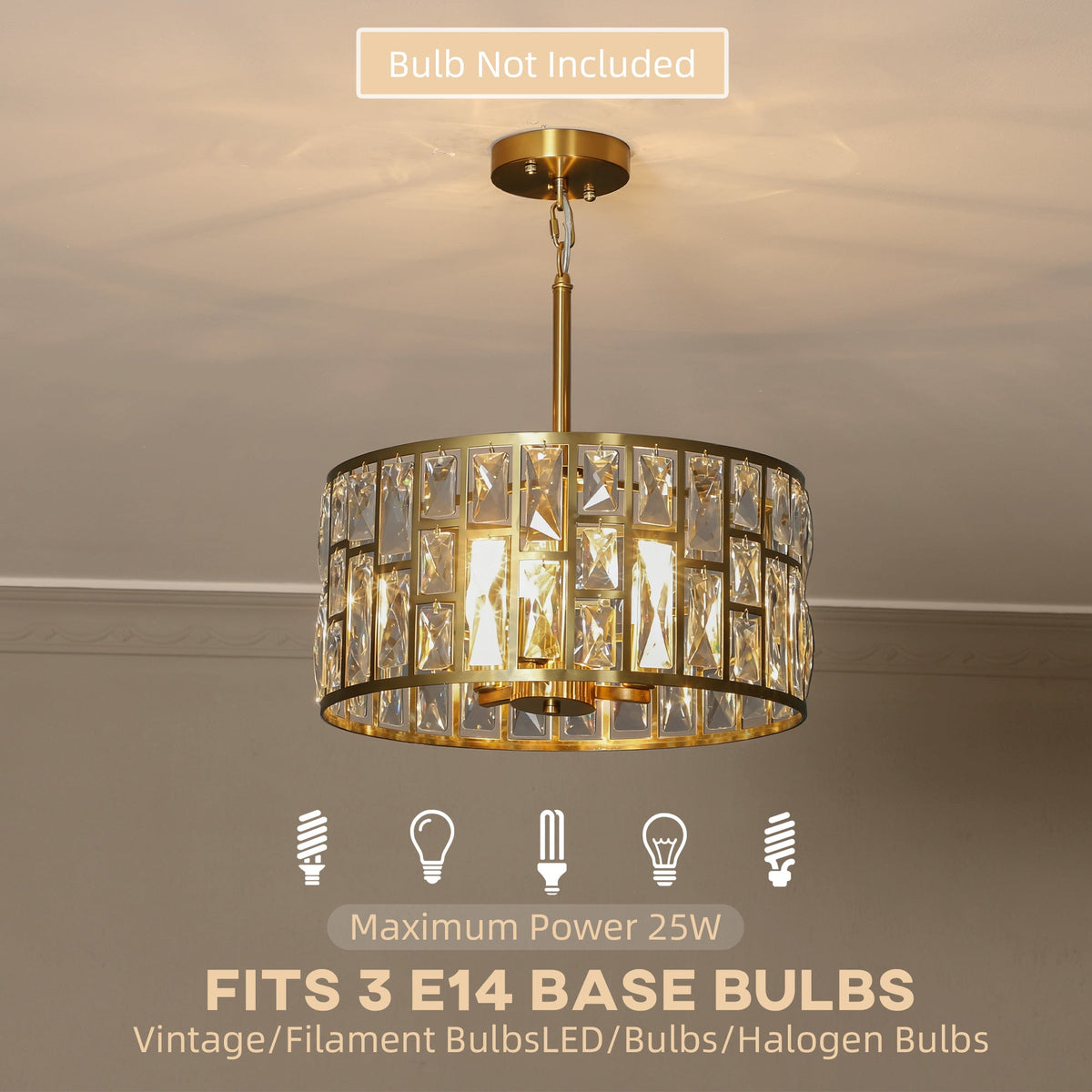 HOMCOM 72 Glass Crystallite Chandelier, the ceiling light is shown with text indicating that bulbs are not included and