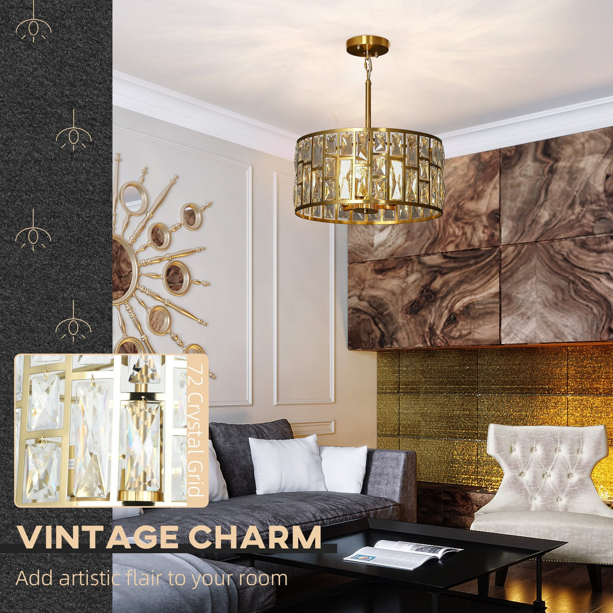 Close-up of the glass crystal elements and gold-tone metal frame of the ceiling light, with text overlay about vintage charm