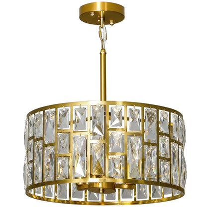 HOMCOM 72 Glass Crystallite Chandelier, a gold-tone drum-shaped ceiling light with clear glass crystal panels