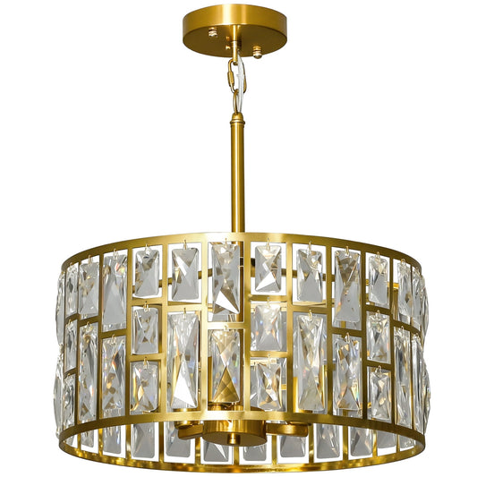 HOMCOM 72 Glass Crystallite Chandelier, a gold-tone drum-shaped ceiling light with clear glass crystal panels