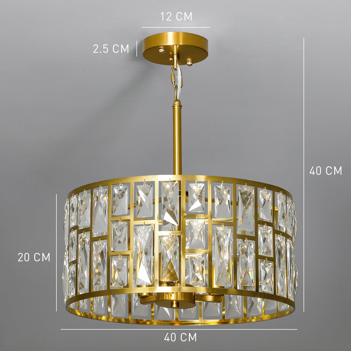 The gold-tone ceiling light has dimensions for width, height, and chain length shown