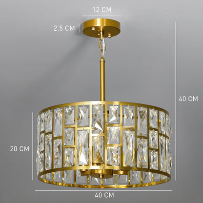 The gold-tone ceiling light has dimensions for width, height, and chain length shown