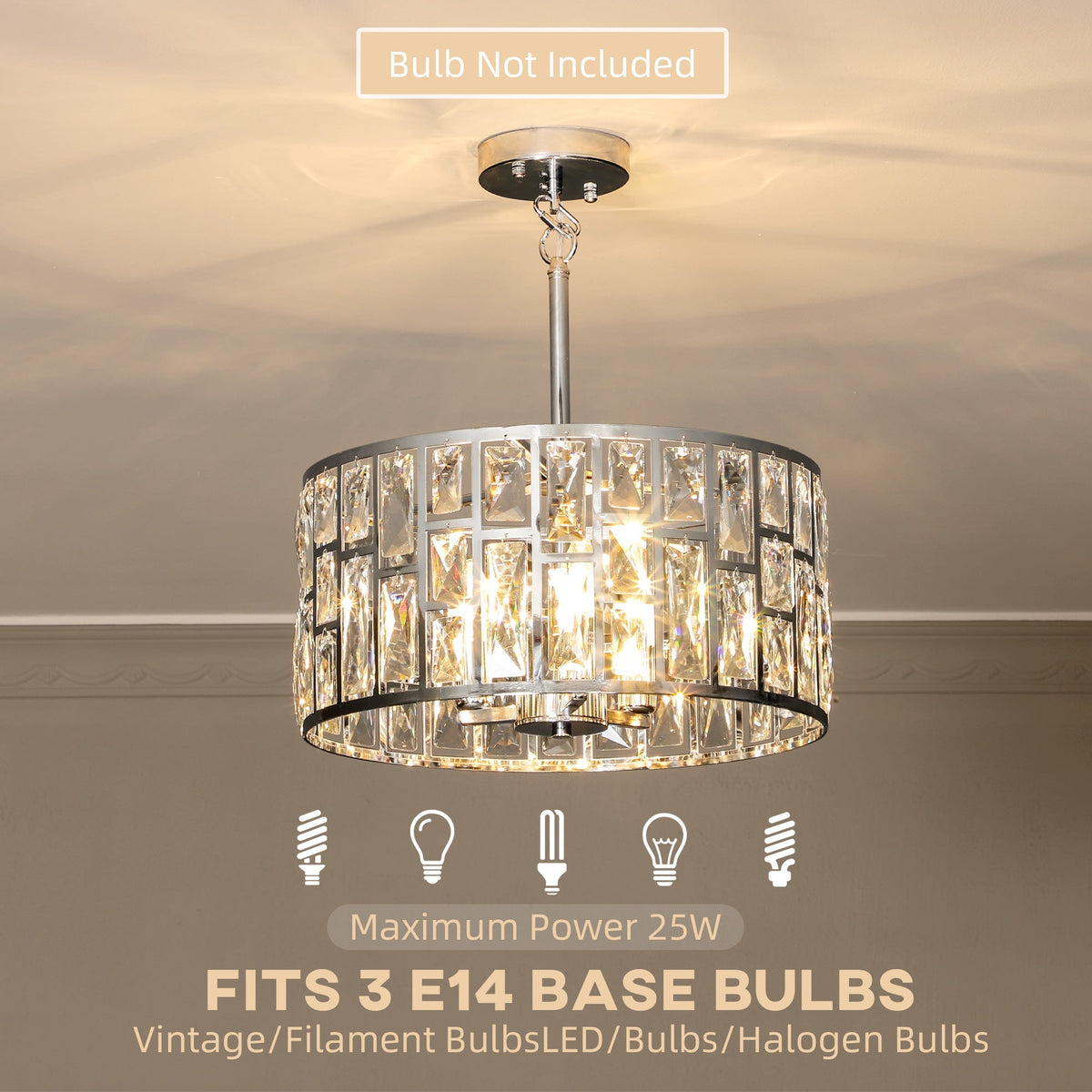 HOMCOM 72 Glass Crystallite Chandelier, the ceiling light illuminated with text explaining the compatible bulb types and