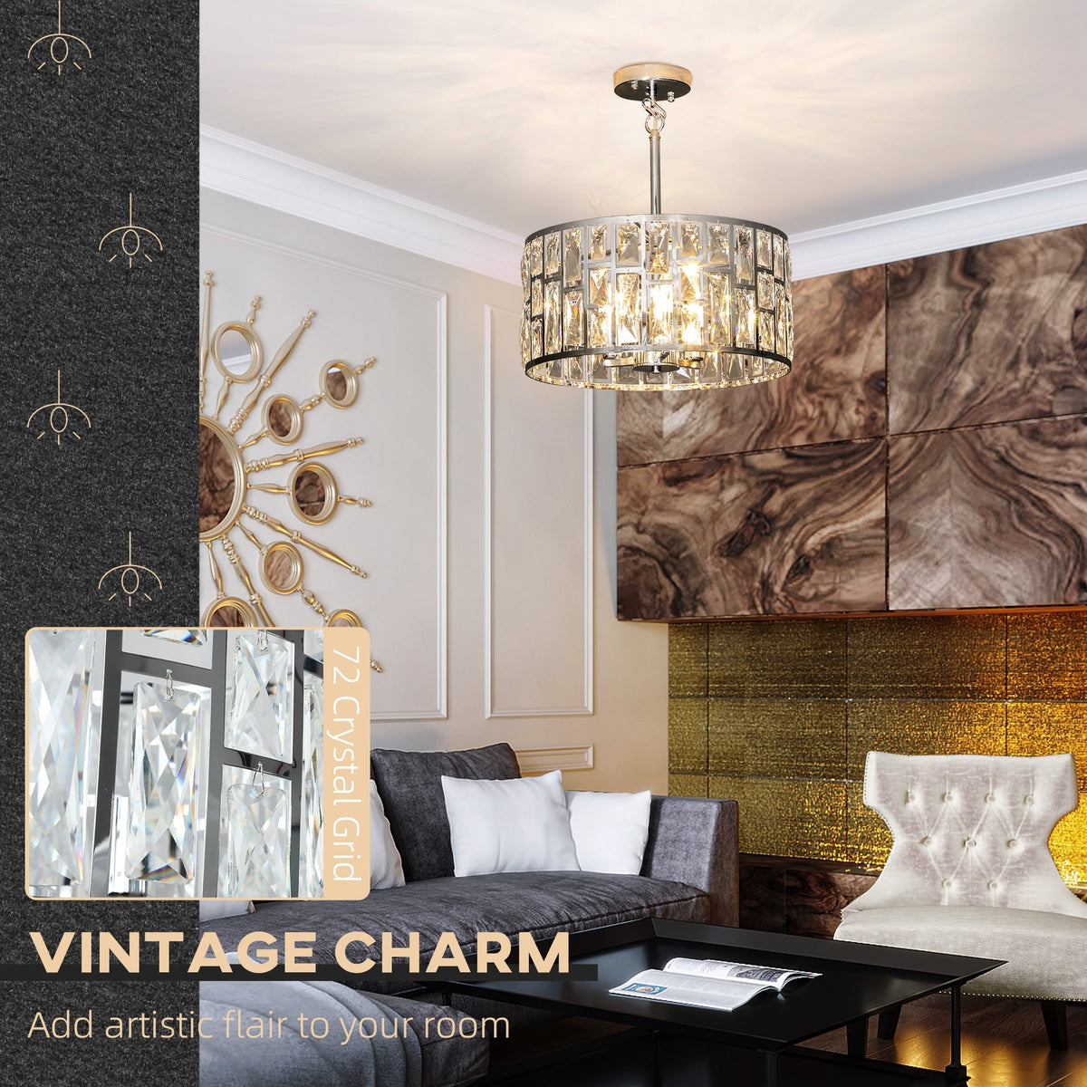 The crystal ceiling light in a living room with a close-up inset of the glass pieces