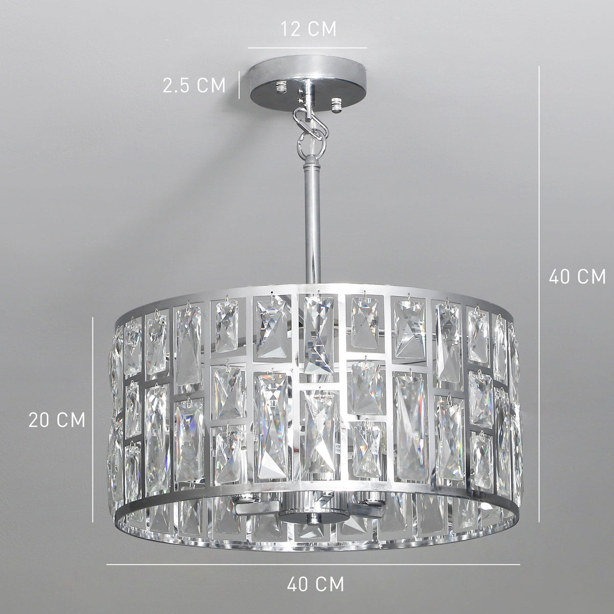HOMCOM 72 Glass Crystallite Chandelier, the ceiling light against a grey background with lines indicating the product
