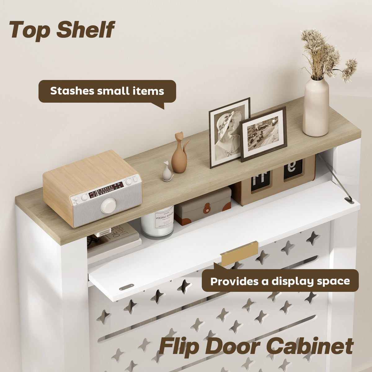 The radiator cover with the top drawer open to reveal storage space for small household items