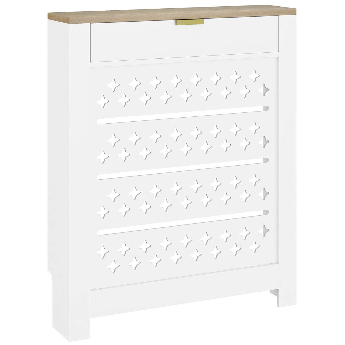 HOMCOM Minimal Radiator Cover in white with a wooden top shelf and a decorative cross pattern front