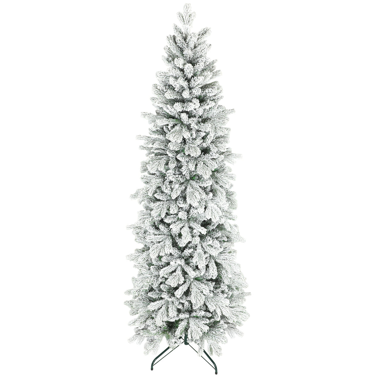 HOMCOM 7ft Flocked Artificial Christmas Tree standing tall on its green metal base