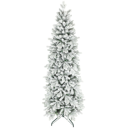 HOMCOM 7ft Flocked Artificial Christmas Tree standing tall on its green metal base