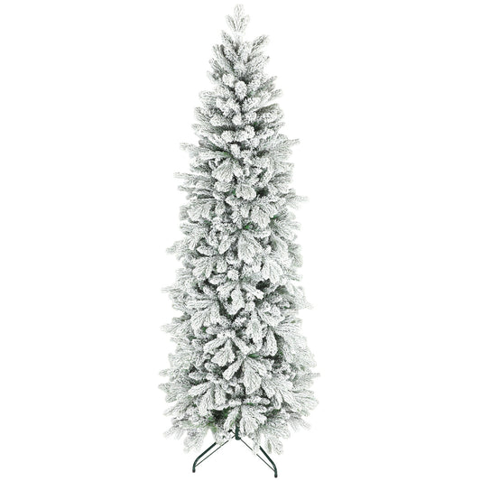 HOMCOM 7ft Flocked Artificial Christmas Tree standing tall on its green metal base