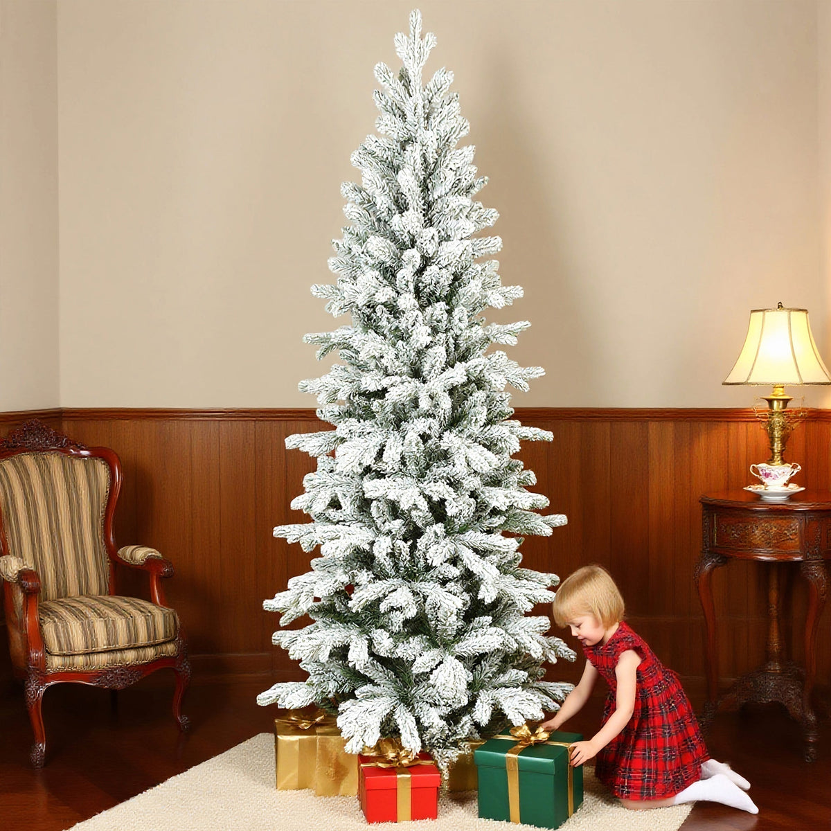 The white Christmas tree decorated with presents in a cosy room setting