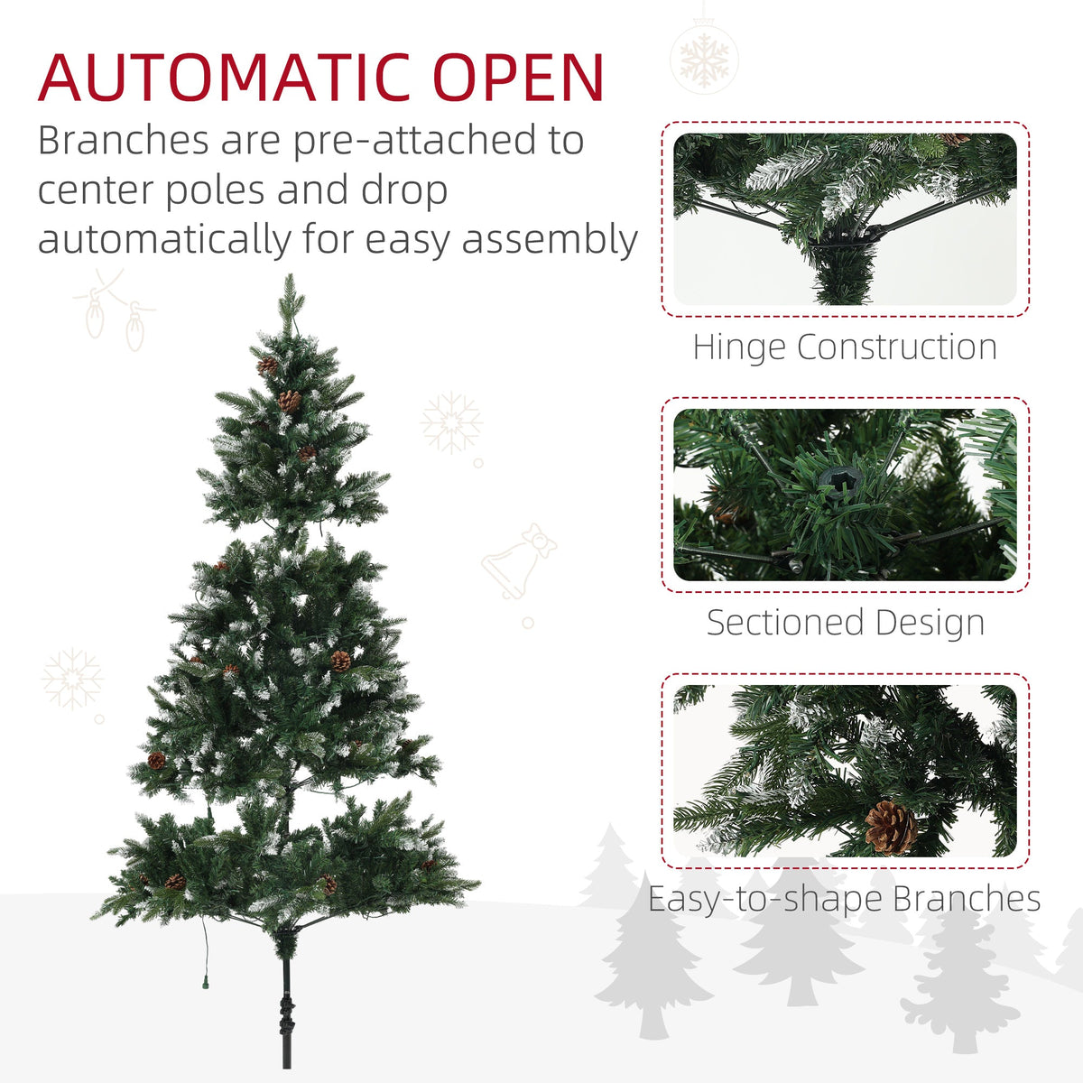 Diagram showing the sectioned design and hinge construction of the artificial Christmas tree