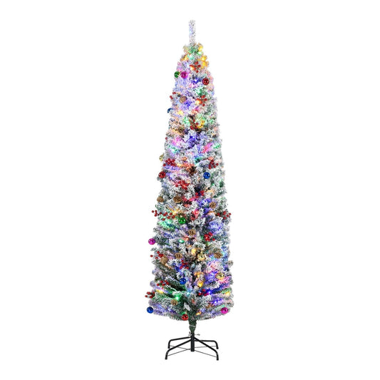 HOMCOM 7ft Snowy Artificial Christmas Tree, decorated with lights and baubles