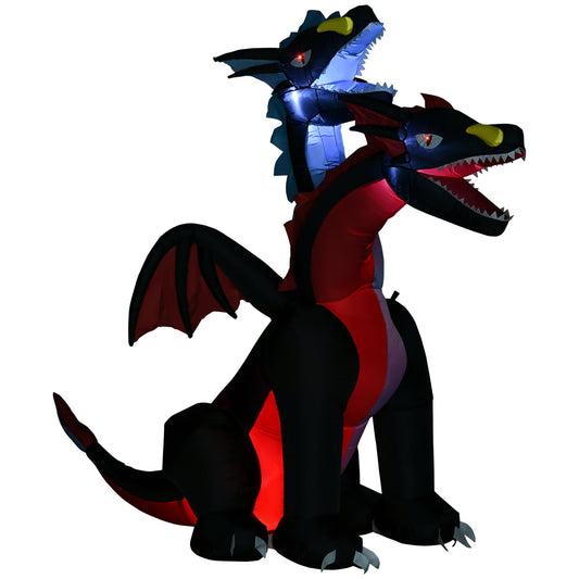 HOMCOM 7FT Tall Halloween Inflatable Dragon with two heads and LED lights, a black and red mythical creature