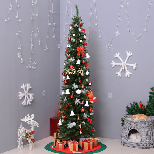 The pencil Christmas tree is decorated with baubles, bows, bells and presents at its base