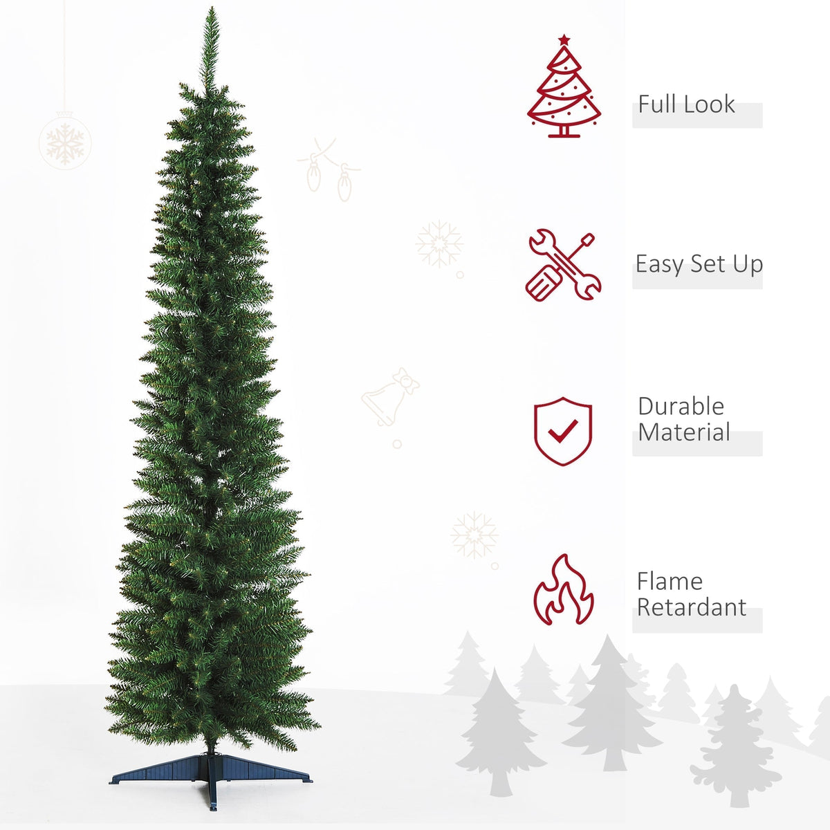 The pencil Christmas tree is shown with icons indicating its features