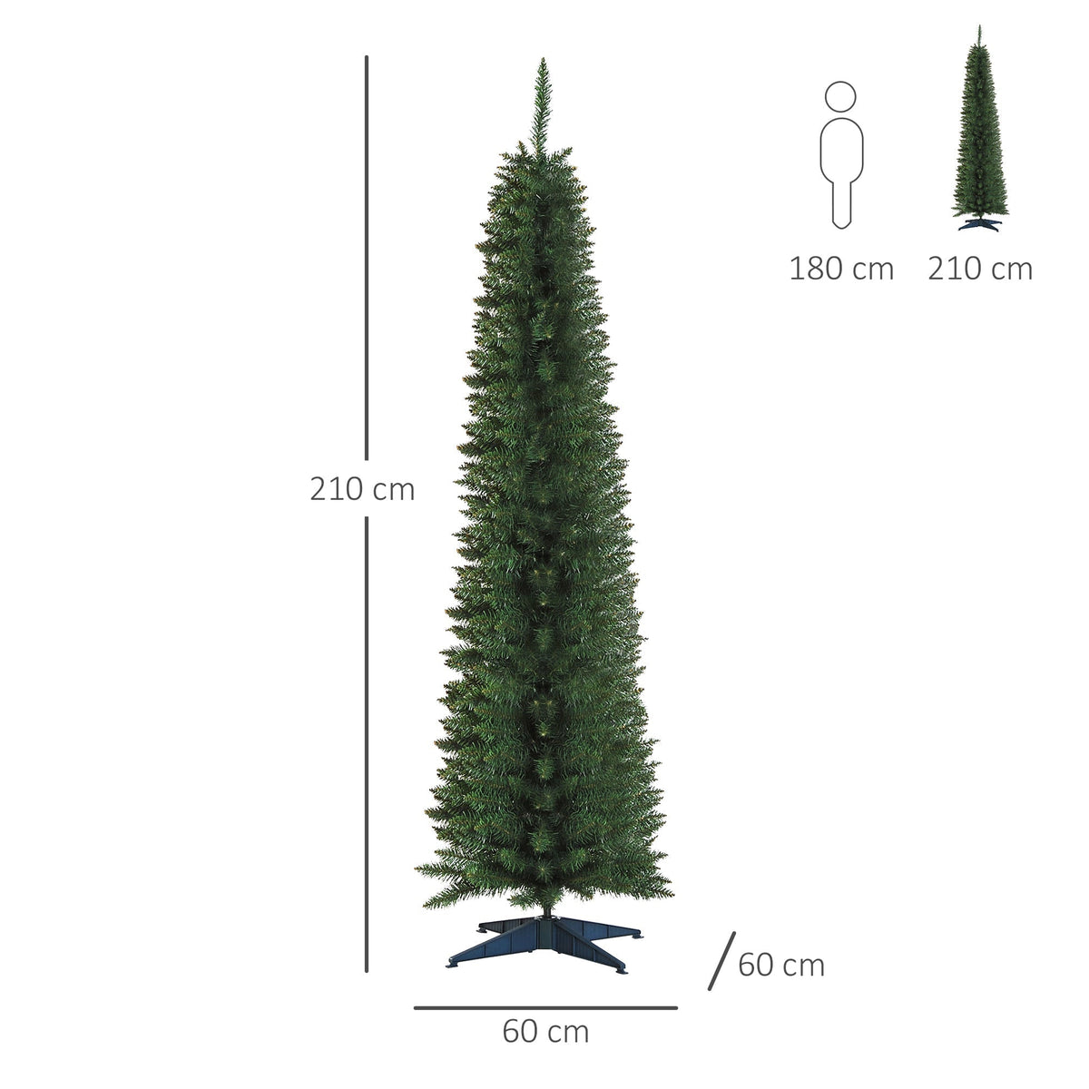 The pencil Christmas tree is shown with height and width measurements indicated