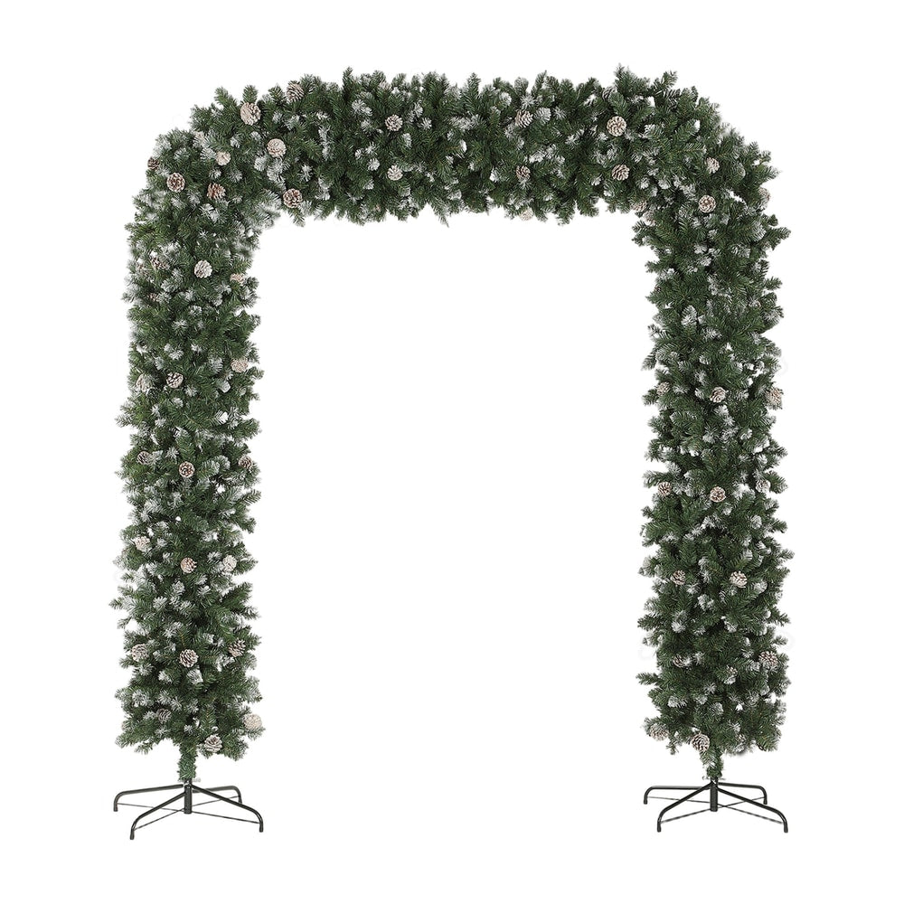 HOMCOM 8.2 ft Snow Frosted Christmas Tree Arch with pinecones and a metal stand