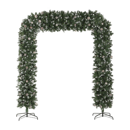 HOMCOM 8.2 ft Snow Frosted Christmas Tree Arch with pinecones and a metal stand
