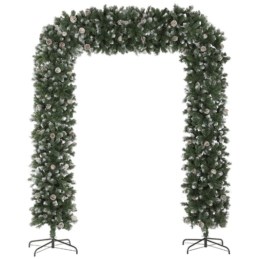 HOMCOM 8.2 ft Snow Frosted Christmas Tree Arch, a green artificial Christmas tree arch with frosted tips and pinecones