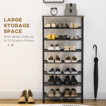 Eight tier shoe storage unit with space for 21 to 24 pairs of shoes, grey metal frame