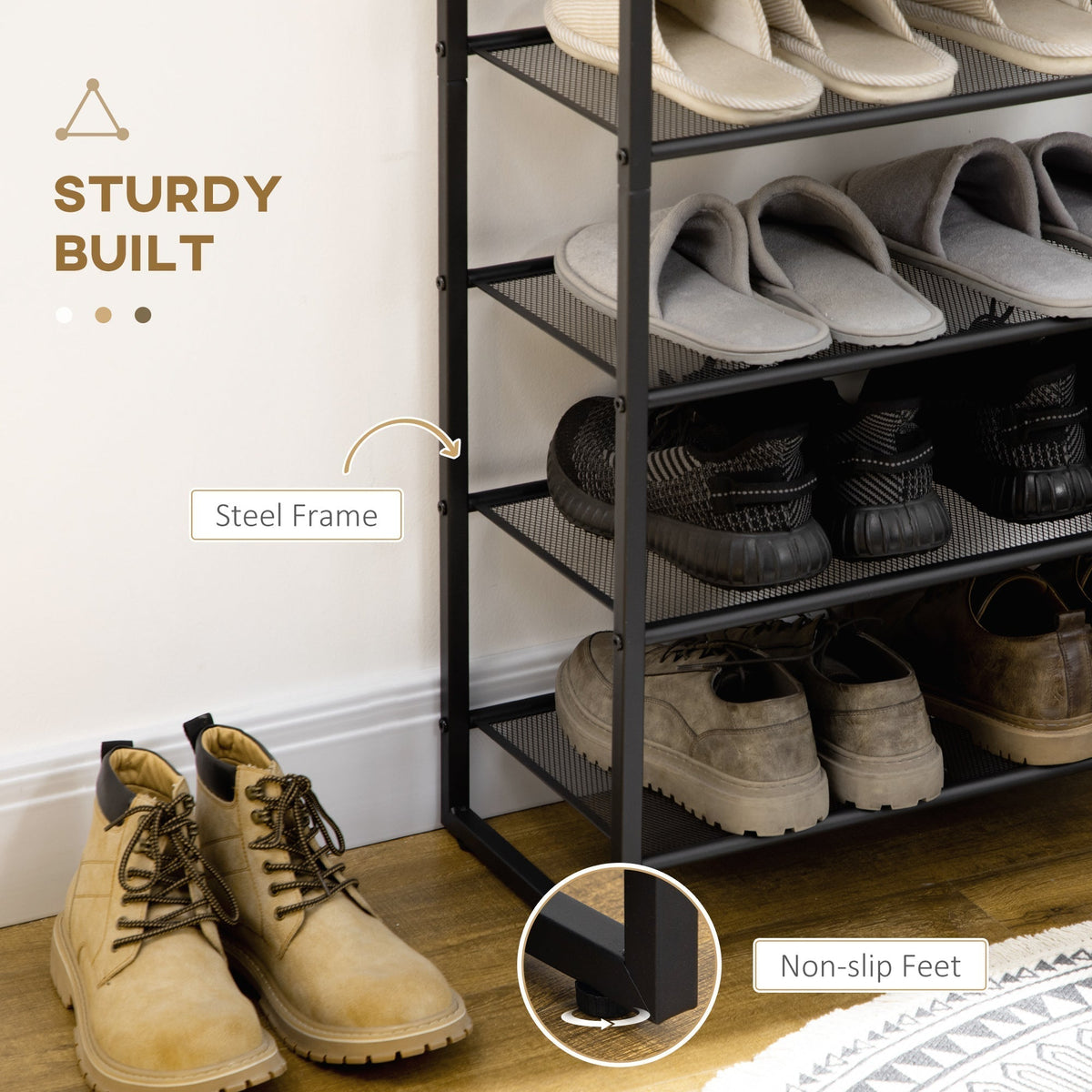 Close up of the shoe storage stand showing the steel frame and non-slip feet