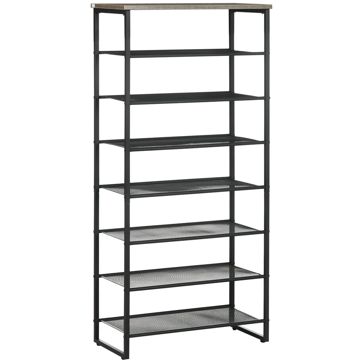 HOMCOM 8-Tier Shoe Rack with a wooden top and eight mesh shelves, grey metal frame