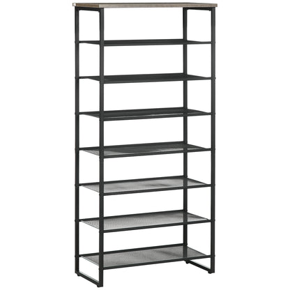HOMCOM 8-Tier Shoe Rack with a wooden top and eight mesh shelves, grey metal frame