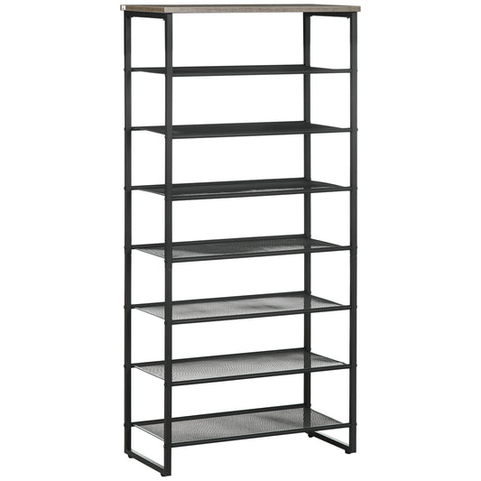 HOMCOM 8-Tier Shoe Rack with a wooden top and eight mesh shelves, grey metal frame