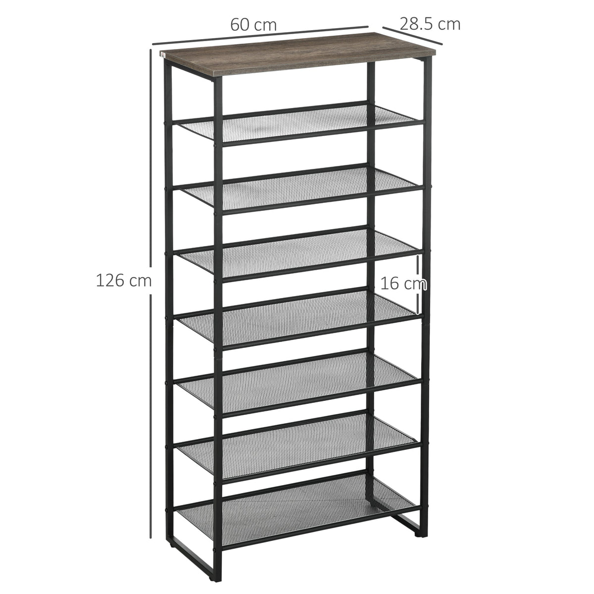 Dimensions of the grey shoe storage unit, showing height, width and shelf height