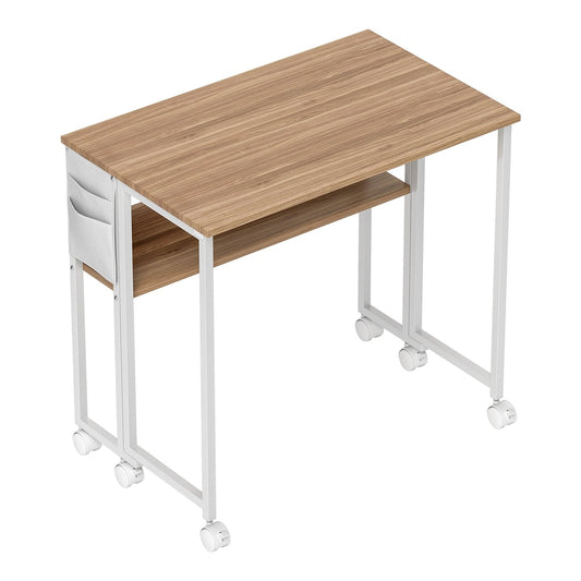 HOMCOM 80 cm Drop Leaf Writing Work Desk with a natural wood finish and white metal frame on wheels