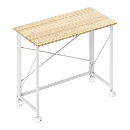 HOMCOM 80 cm Folding Desk on Wheels with a natural tone wood effect top and white metal frame