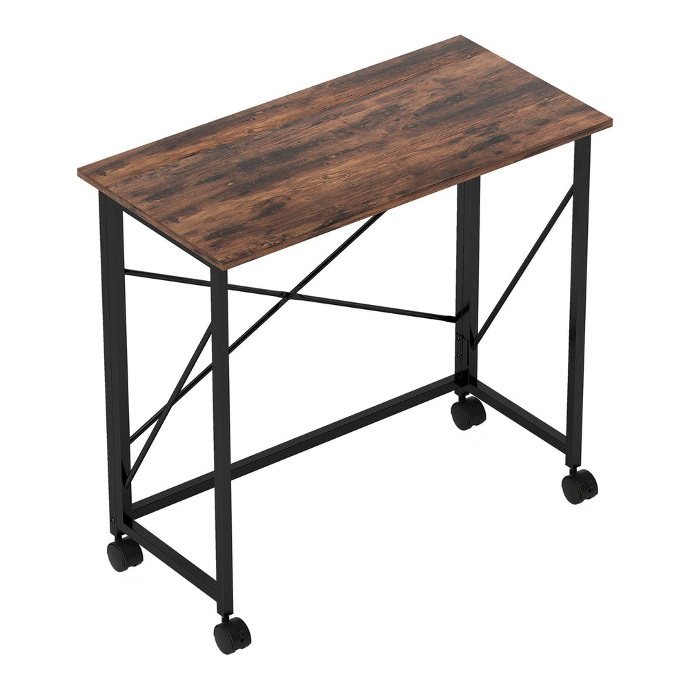 HOMCOM 80 cm Folding Desk on Wheels with a rustic brown top and black metal frame