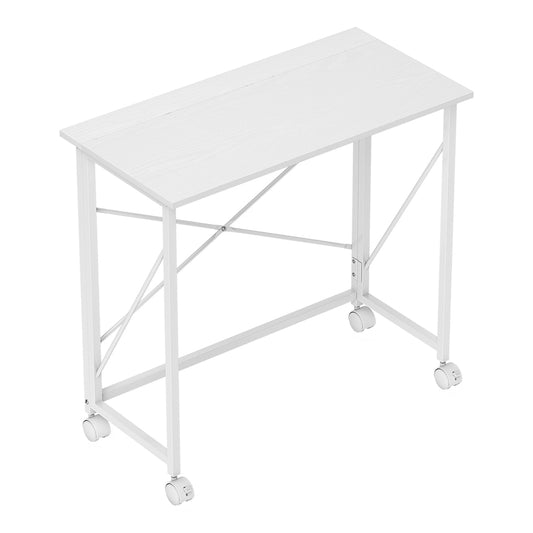 HOMCOM 80 cm Folding Desk on Wheels, a white desk with wheels and a metal frame