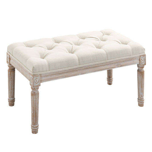 HOMCOM 80cm End of Bed Bench, a cream white tufted bench with distressed wooden legs