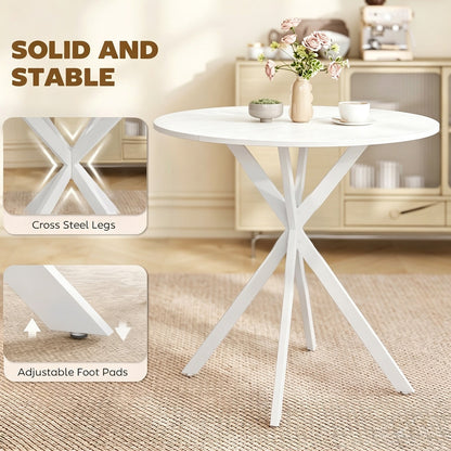 Close up of the cross steel legs and adjustable foot pads of the dining table
