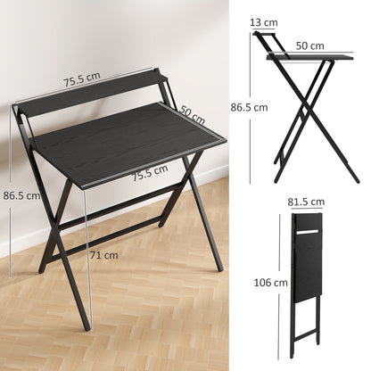 Dimensions of the black folding computer desk, showing height, width and depth
