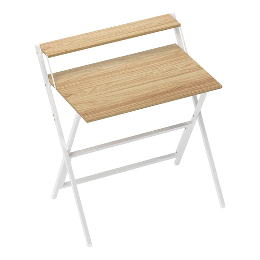 HOMCOM 81.5 cm Folding Computer Desk with Monitor Shelf in a natural wood finish with white metal legs