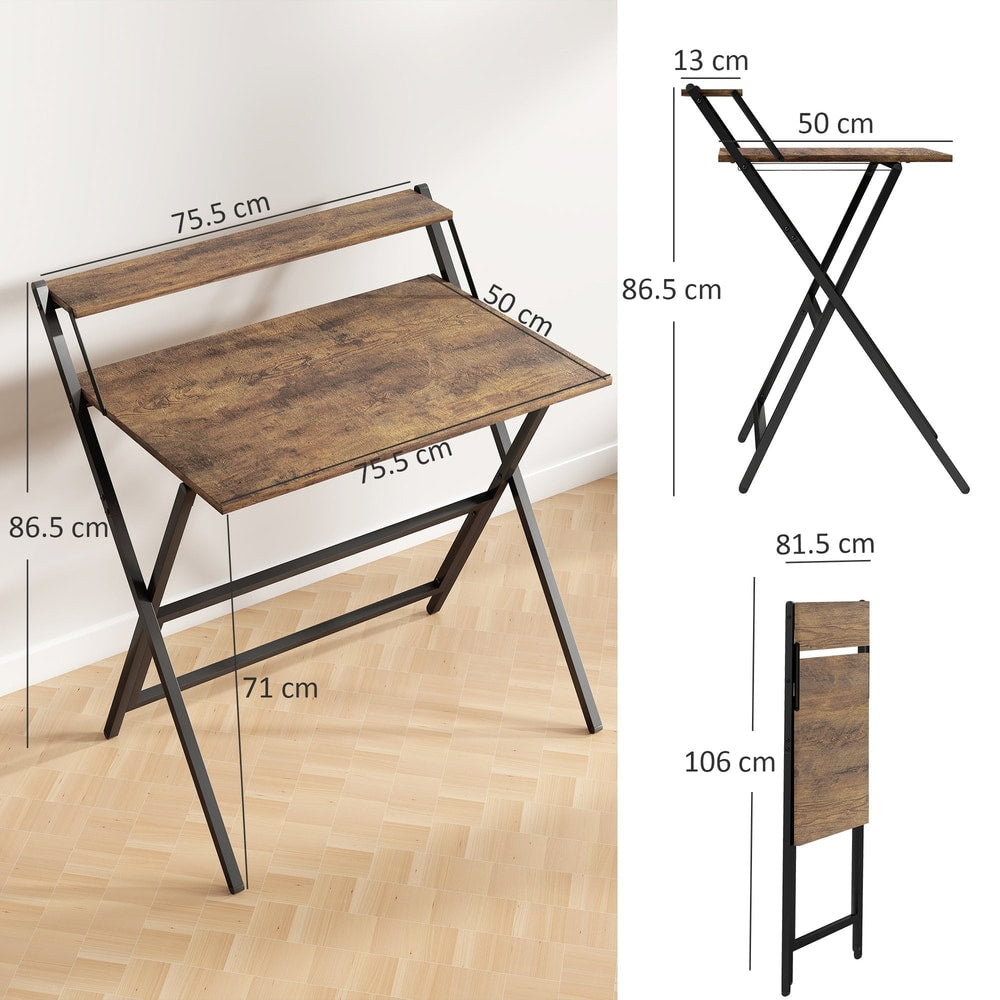 Dimensions of the rustic brown folding computer desk with monitor shelf