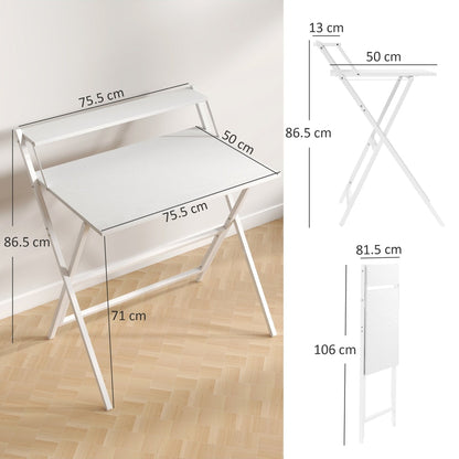 Dimensions of the white folding computer desk, showing height and width measurements