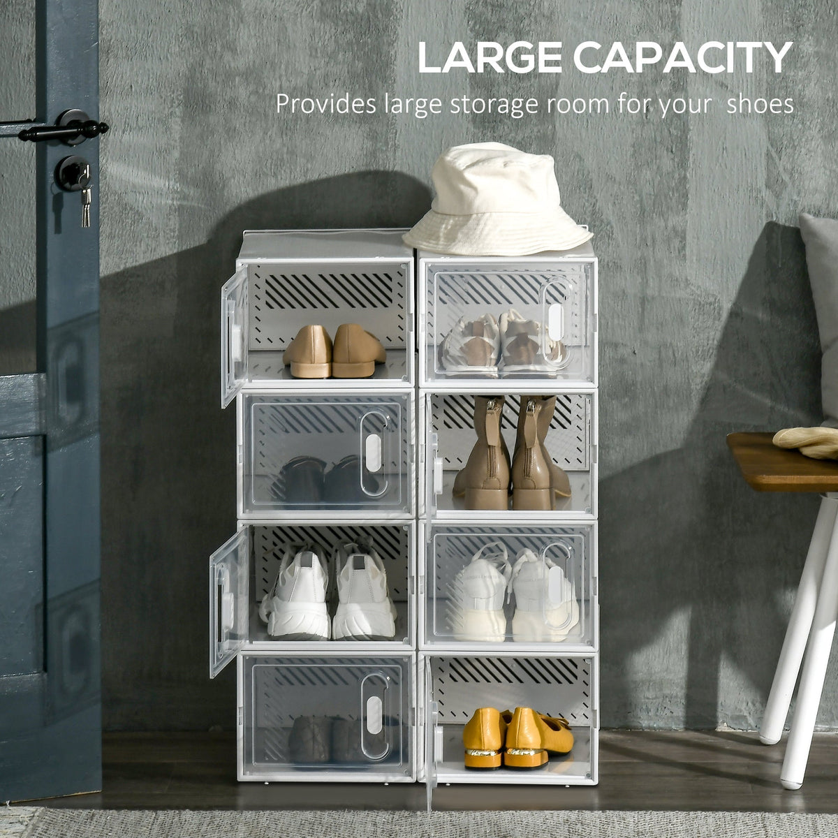 the shoe storage boxes stacked vertically with some magnetic doors open to show shoes
