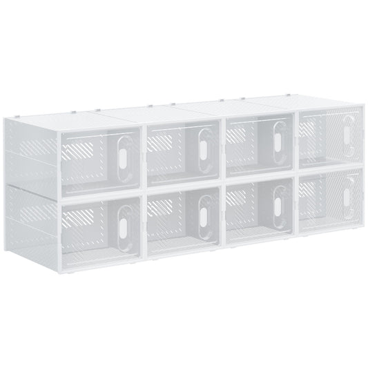 HOMCOM 8PCS Clear Shoe Box, a set of eight clear plastic stackable storage boxes arranged in two rows