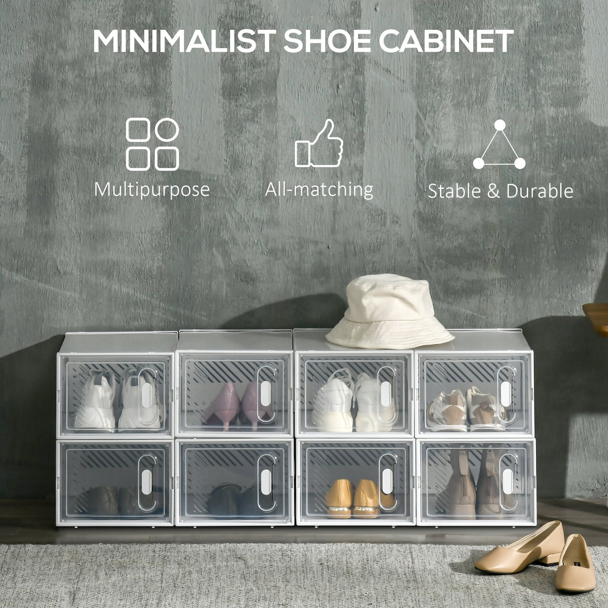 the shoe storage boxes displayed on a floor with text highlighting their key features