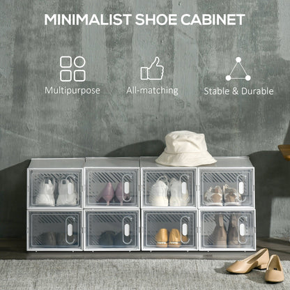 the shoe storage boxes displayed on a floor with text highlighting their key features