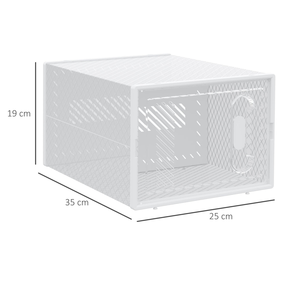 the shoe storage box shown from an angle with dimension lines indicating its size