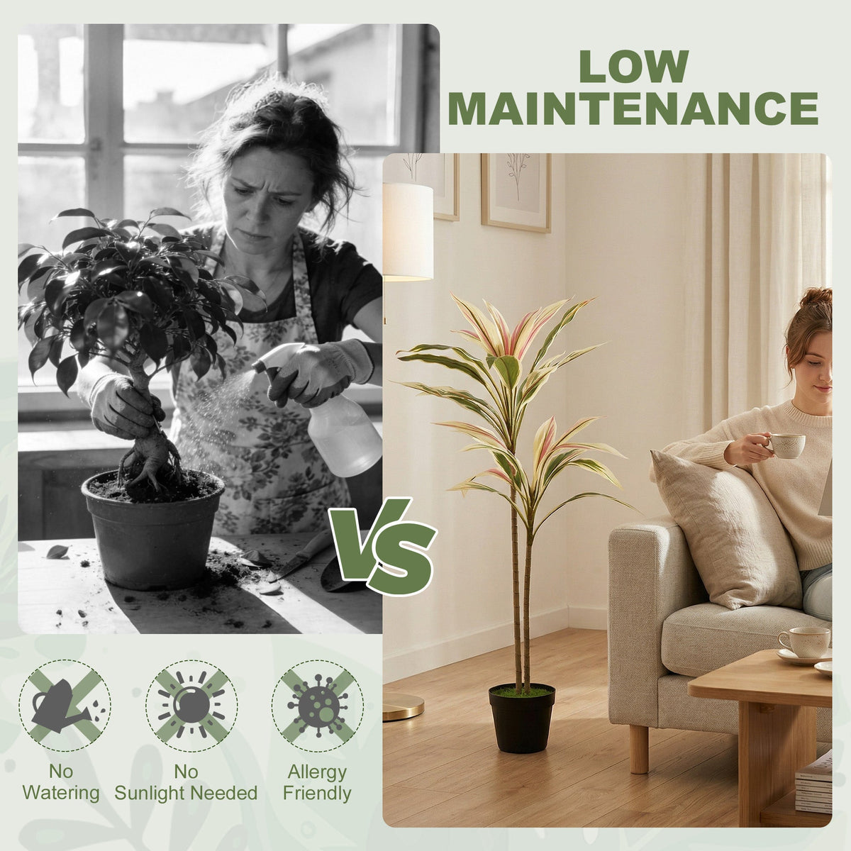 Comparison of a real plant needing care versus the artificial cordyline tree needing low maintenance