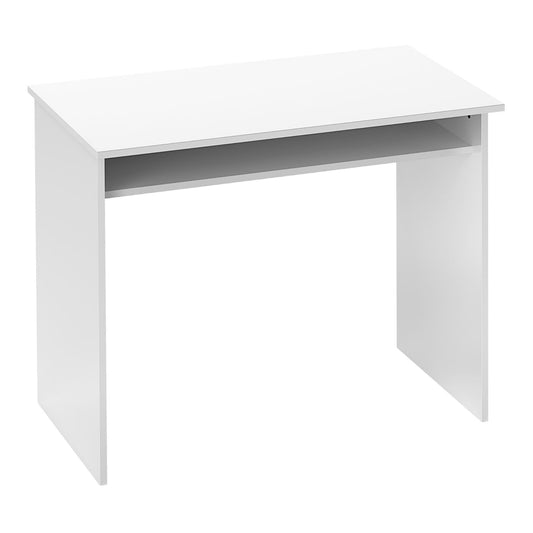 HOMCOM Computer Table in high gloss white with a flat top and an open storage shelf underneath